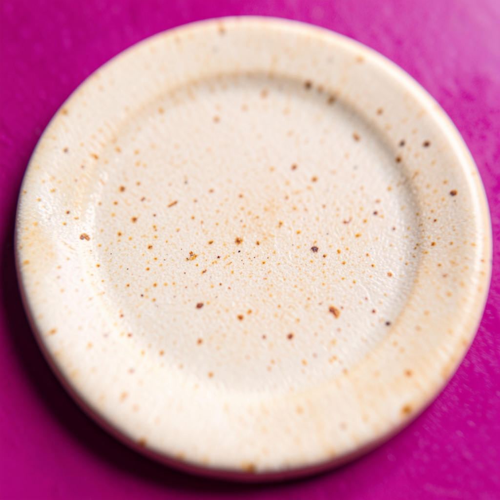 A circular abstract texture of warm ivory ceramic with a subtle speckled glaze, no identifiable person.